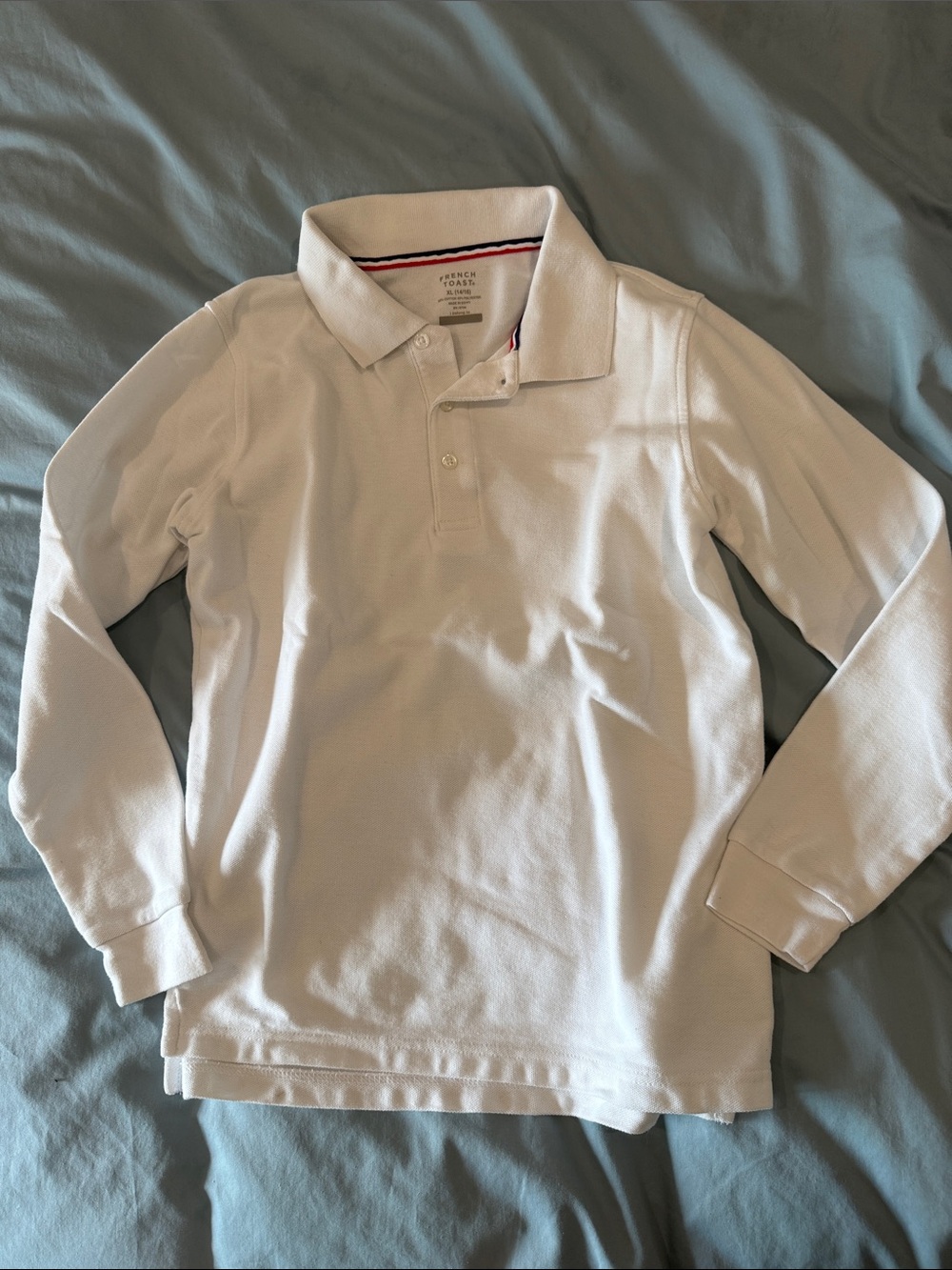 French Toast White Long Sleeve Polo with Red & Navy Collar Stripe - Kids
